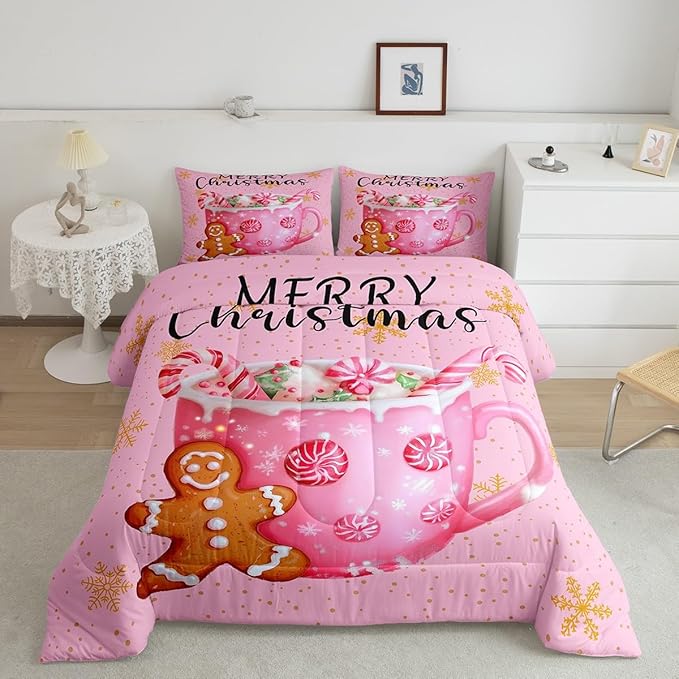 Erosebridal Merry Kids Queen Queen Comforter Set Christmas Decor Bedding Sets Pink Xmas Snowflake Down Comforter Dessert Gingerbread Man Bed Set for Boys Girls Teens