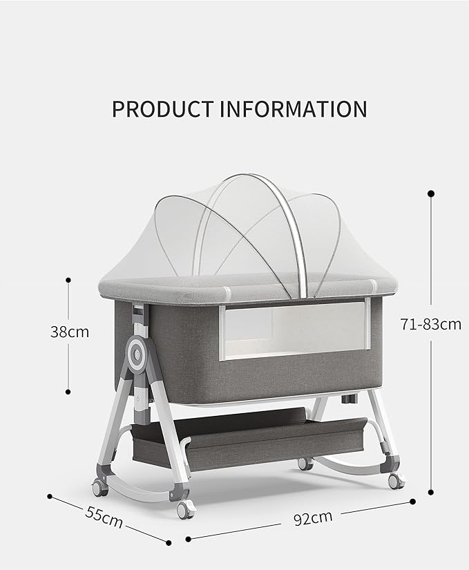 Baby Bassinet Bedside Bassinet for Baby 4 in 1 Portable Bassinet Bedside Sleeper with Wheels Mosquito Net & Storage Basket, 6 Height Adjustable Rocking Bassinet for Newborn Baby Crib