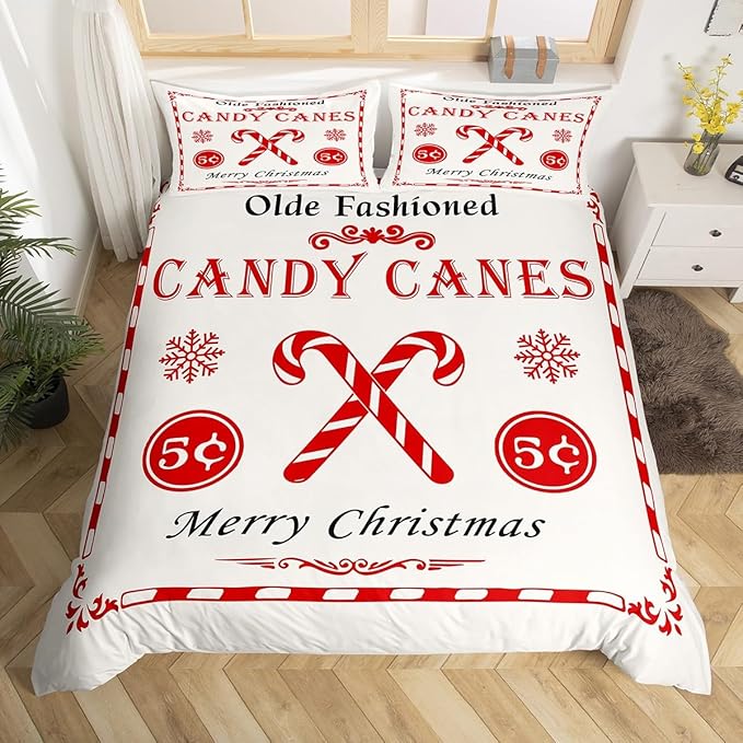 jejeloiu Christmas Bedding Set for Kids Boys Girls Christmas Quote Comforter Cover Set King Size Candy Canes Print Duvet Cover Bedroom Decor Xmas White Bedspread Cover Bedding Collection 3Pcs