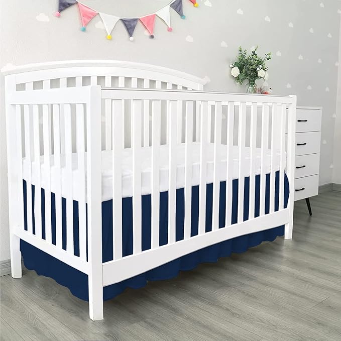 100% Egyptian Cotton, Nursery Crib Toddler (28" x 52" + 16") 800 Thread Count Crib Skirt Dust Ruffle, Bedding Skirts for Baby Boys or Girls, 16" Drop, Navy Blue Solid