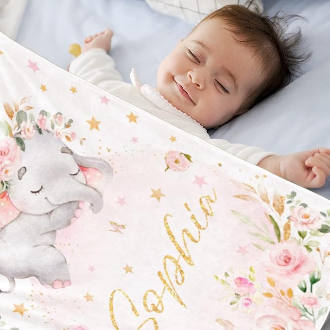 Elephant Blanket Personalized Baby with Name for Girl, Custom for Newborn Soft Flannel Toddler Customized Gift for Birthday Christmas Shower 30'' X 40'', elephant Pink