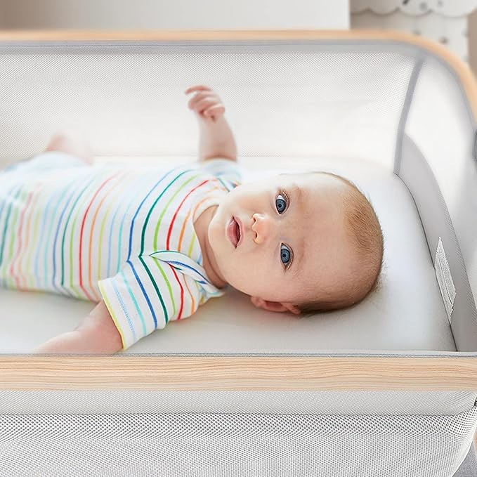 Venice Child California Dreaming Bedside Crib Bassinet w/Travel Case, Bamboo Bassinet Sheet, Removable Bamboo Compressed Cotton Mattress, Height Adjustable, Easy Clean - White