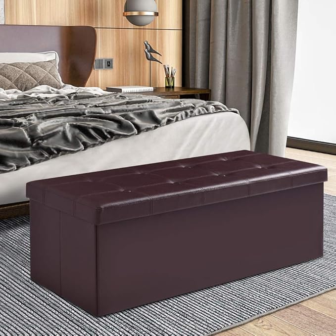 Safeplus Folding Storage Ottoman Bench, 45" Large Ottoman Space-Saving Bench,Faux Leather Storage Chest with Memory Foam,Footrest Padded Stool Seat for Bedroom Toy Chest, Brown,Leather