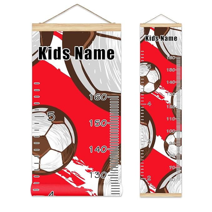 Personalized Kids Name Growth Chart Ruler for Wall Wood Frame Height Measure Chart 13.4x56 in Linen Hanging Height Growth Chart Football Soccer Red Kids Room Decor