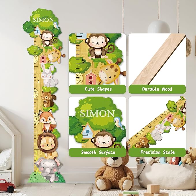 Personalized Name Growth Chart for Wall, Forest Animal Stack Wooden Height Chart, Boy Girls Height Chart Growth Measuring Ruler, Christmas Birthday Gift for Boys and Girls