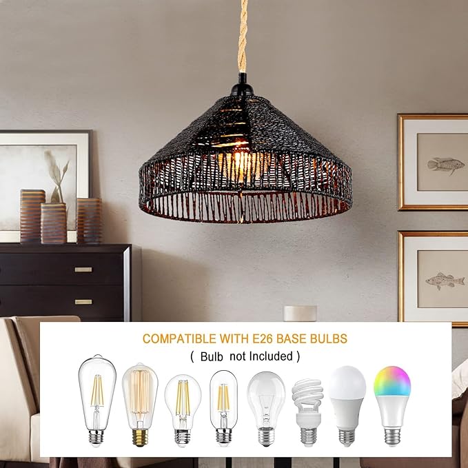 Plug in Pendant Light Rattan Hanging Lamp with On/Off Switch 15 Ft Hemp Rope Modern Woven Pendant Light Fixtures 12" Handwoven Rattan Basket Shade Boho