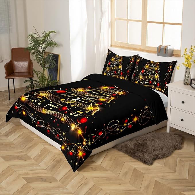 Christmas Tree Duvet Cover Set King Size, Gold Musical Note Print Bedding Set 3pcs for Kids Boys Girls Bedroom Decor, New Year Theme Xmas Holidays Comforter Cover with 2 Pillowcases,No Comforter