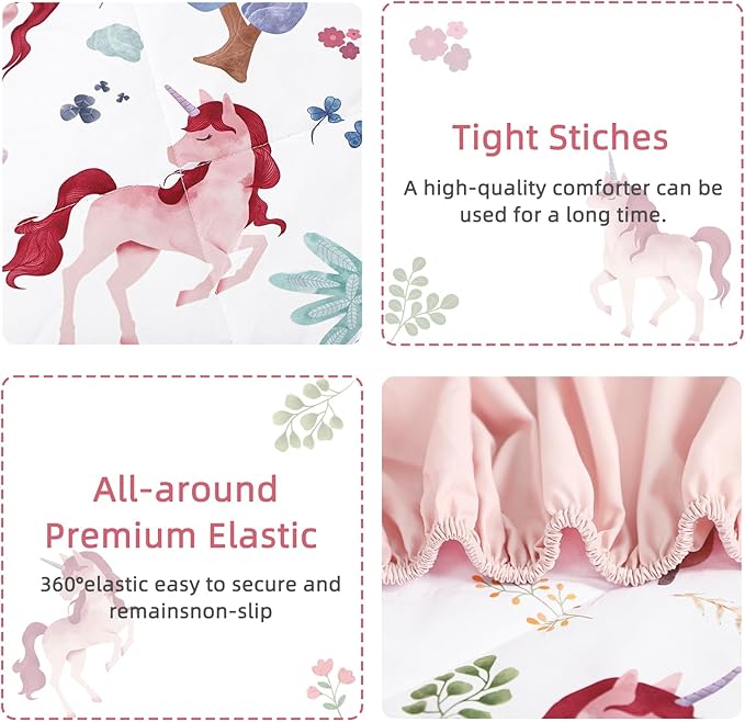 Toddler Bedding Set for Girls, Kids Comforter Set Pink Reversible, Ultra Soft & Lightweight Crid Bedding Set Includes Comforter, Flat Sheet, Fitted Sheet, Pillowcase (Forest)