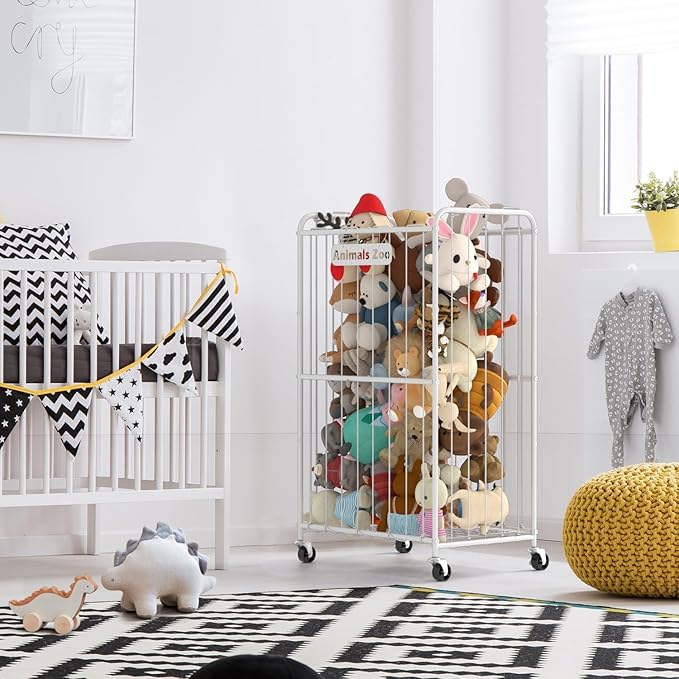 250L Stuffed Animal Organizer Plush Toy Storage Organizer Toy Storage Basket, Kids Toy Storage Bins with Wheels, Metal Frame and Elastic Cord Design, Suitable for Storage of Any Stuff