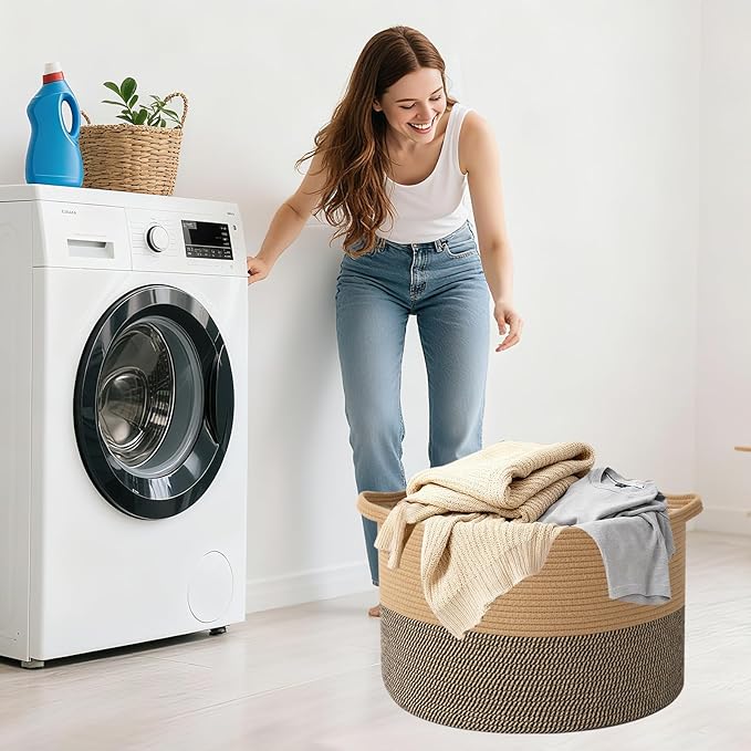 Large Blanket Basket for Organizing,65L Closet Organizers and Storage Bins Box for Shelves Woven Rope Storage Baskets,Living Room,Bedroom,Dorm,Laundry room (Jute&Black)