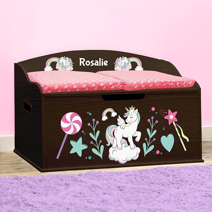 DIBSIES Personalized Creative Wonders Toy Box, Unicorns & Rainbows, 30 x 19.25 x 18 inches, Soft-Close Lid (Espresso)
