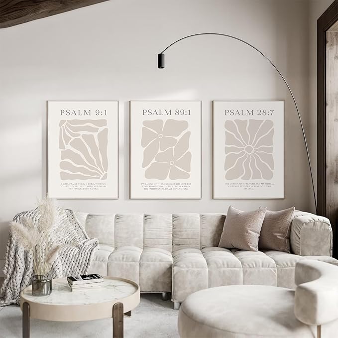 Joocrise Scripture Christian Wall Art Set of 3 Beige Bible Verses Wall Decor Neutral Psalm Canvas Wall Art Modern Pictures Flower Prints Christian Artwork for Living Room Bedroom 16x24 Inch Unframed