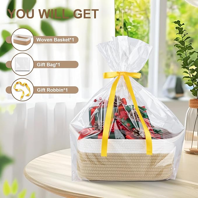 OIAHOMY Small Woven Rope Basket with Gift Bags and Ribbons, Gift basket Empty for Baby shower Birthday, Halloween, Christmas, Cute Cat Ear Handles for Shelf Living Room Bathroom, Grey & White