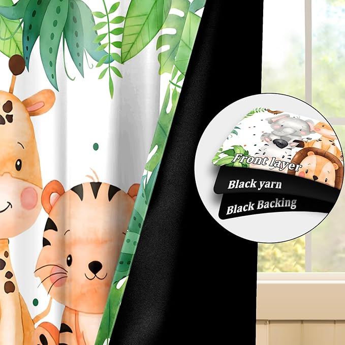 Renaiss 52 x 96 Inch Safari Animal Curtains for Kids Tropical Rainforest Lions Tigers Elephants Giraffes African Jungle Tree Green Leaf Print Window Drapes for Nursery Baby Bedroom Playroom 2 Panels