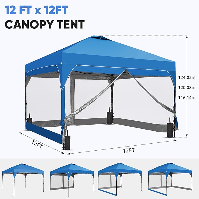 GDY 12x12FT Pop Up Canopy Tent with One Push Setup, Easy Setup Gazebo with 4 PVC Transparent Sidewalls for Events, Parties, Camping, Blue.