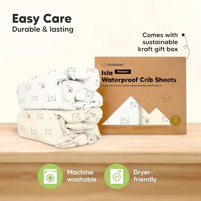 2-Pack Waterproof Baby Crib Sheets for Boys, Girls - 52x28 Viscose Derived from Bamboo Toddler Bed Sheet Neutral, Fitted Crib Mattress Protector Cover for Baby Bedding, Soft & Gentle (Bumble Bear)