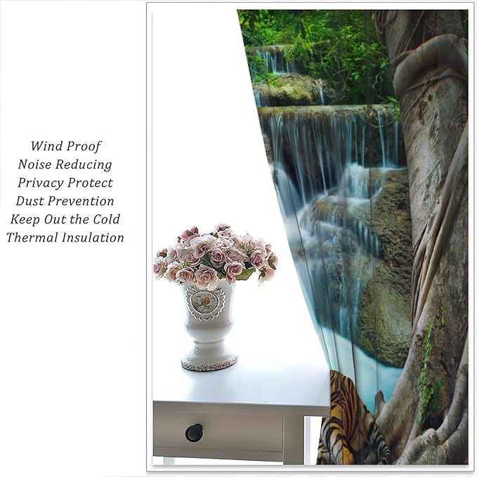 Waterfall Landscape Blackout Curtains, Spring Forest Animal Tiger Tree Waterfall Nature Window Drapes, for Bedroom Living Room 72" W X 63" L
