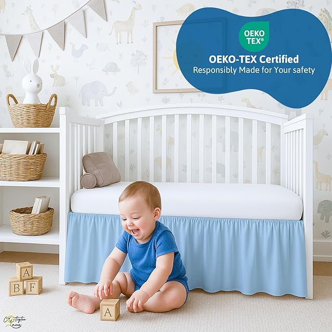 Cottington Lane Light Blue Crib Skirt Dust Ruffle, 100% Natural Cotton, Soft, Durable Nursery Crib Toddler Bedding Skirt for Baby Girls or Boys, Fits Standard Cribs 28" x 52" with 14" Drop