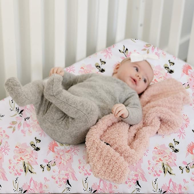 Little Grape Land Pack and Play Sheets Mini Crib Sheets Soft Breathable Pack N Play Sheets, Playard Fitted Sheet 2 Pack Stretchy Fits 38"x26" Playard Mattress, Pink Floral