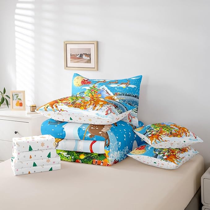 Christmas Decorations Bed in a Bag Xmas Deer Pine Tree Bed Set for Kids Boys Girls Merry Christmas Comforter Set with Sheets Winter Festival Present Bedding Set Bedding King Size