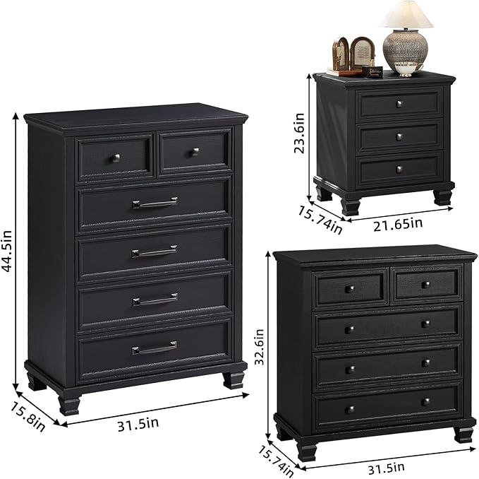 Farmhouse Bedroom Dresser and Nightstand Set of 4, 6 Drawer Tall & 5 Drawers Dresser & 3 Drawer Nightstand Set with Wooden Legs, Rustic Wood Furniture for Bedroom, Hallway, Black