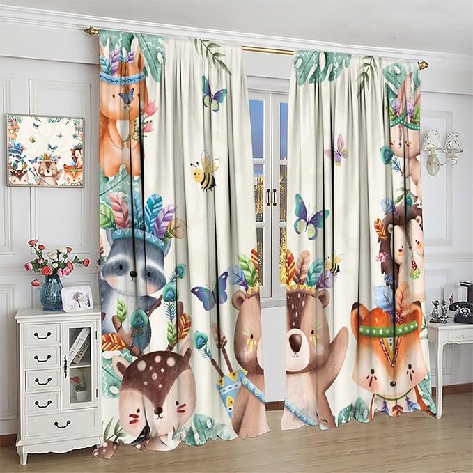 Jungle Safari Curtains, Cute Cartoon Forest Animals Pattern Blackout Window Treatments, Rod Pocket Thermal Insulated Drapes 2 Panel Sets for Children Boys Bedroom Nursery Classroom, 42" W X 63" L