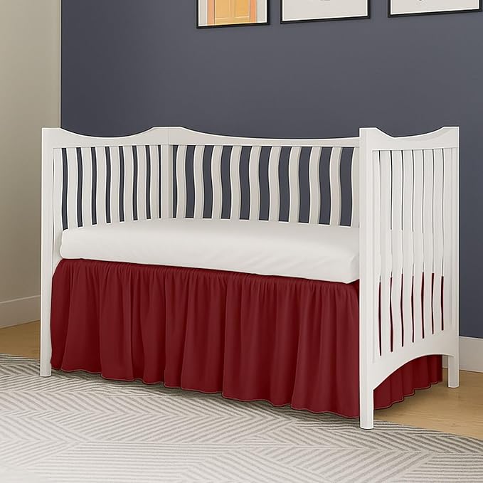 Crib Bed Skirt Dust Ruffle with Split Corners, 100% Cotton, Burgundy Nursery Crib Skirt for Baby Boys or Girls, 28x52, 14" Drop, Toddler Bed Skirt, Baby Bedding, Crib Sheet Skirt, Soft & Breathable