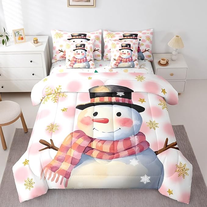 Feelyou Kids Merry Christmas Decorations Queen Size Bed Set Xmas Snowman Bed in a Bag Pink Bedding Set Soft Warm Lightweight Comforter Set with Sheets