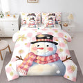 Feelyou Kids Merry Christmas Decorations Queen Size Bed Set Xmas Snowman Bed in a Bag Pink Bedding Set Soft Warm Lightweight Comforter Set with Sheets