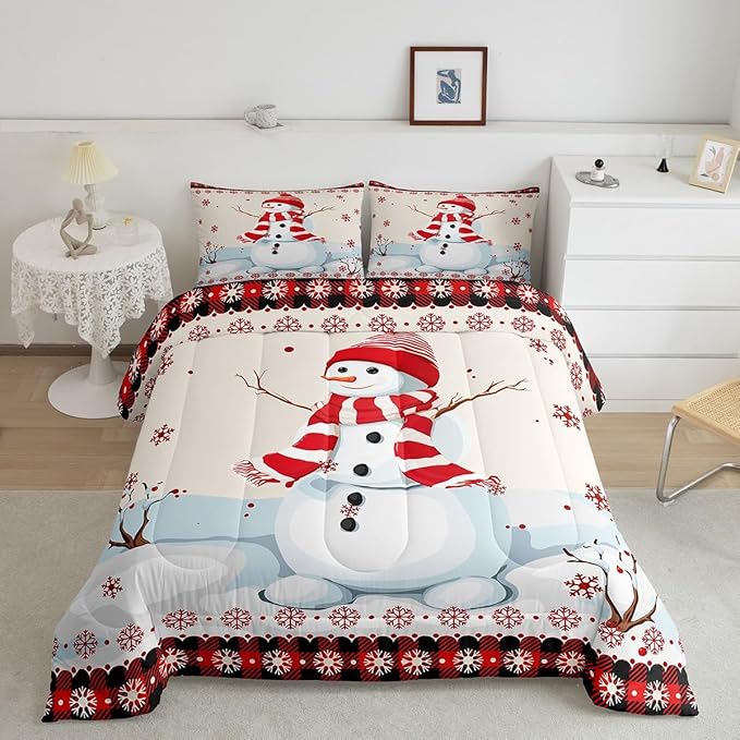 Kids Snowman Christmas Comforter Set King Size,Snowflake Romantic Bedding,Girls Boys Adults Bedroom/Xmas Cabin Decor,Geometric Grid Lattice Down Comforter,Rustic Farmhouse Duvet Insert,2 Pillowcases