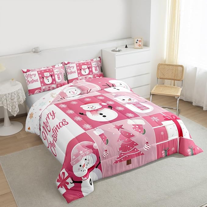 Xmas Comforter Set Queen Size,Snowman Christmas Tree Snowflake Bedding Set for Kids Boys Girls Room Decor,Pink Plaid Patchwork Duvet Insert 3Pcs,Merry Christmas Cartoon Quilt Set,2 Pillowcases