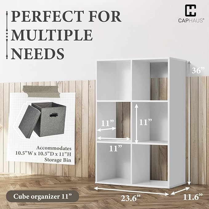 CAPHAUS 11-Inch Cube Storage Organizer Shelf, Home Storage Shelf Divider w/Back, 6-Cube Storage Bookcase, White