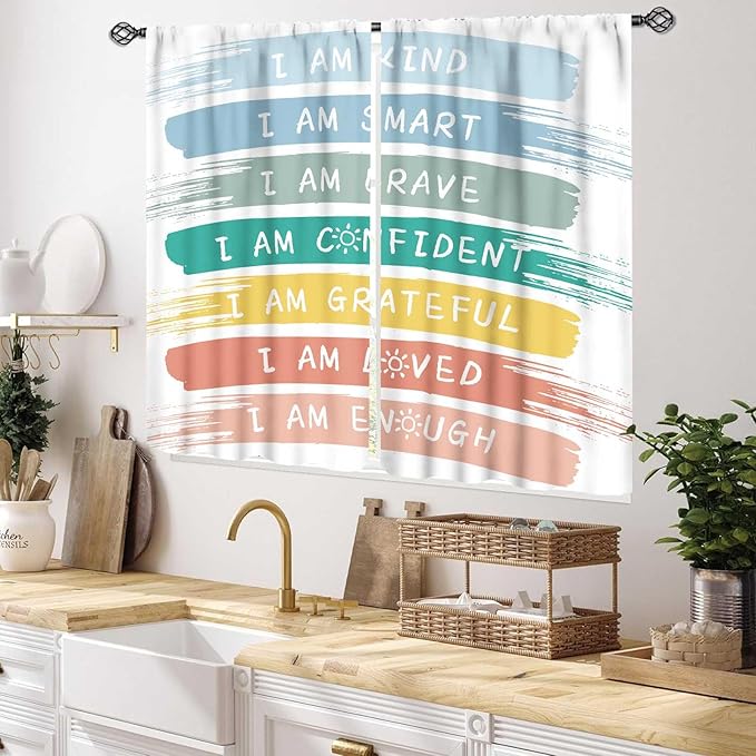 Rainbow Curtains for Classroom, Kids Girls Baby Boho Cute Inspirational Motivational Quotes Cartoon Colorful Pastel Nursery Classroom Bedroom Living Room Bathroom Window Drapes 2 Panels, 55x39 Inch