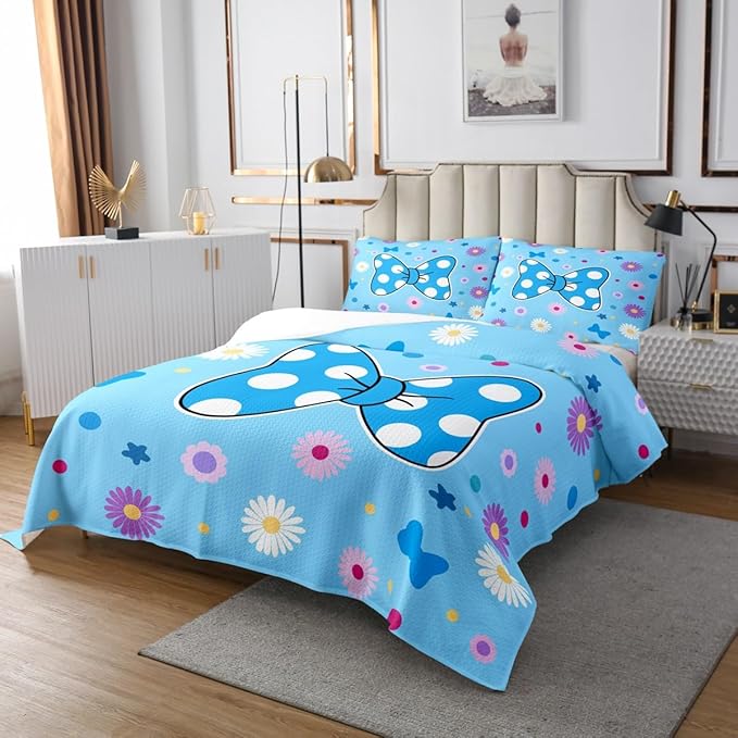Manfei Blue Bowknot Kids Bedspread Twin Size,Daisy Flowers Geometric Dot Patchwork Coverlet Set,Girls Women Room Decor,Star Bow Tie Princess Quilted Coverlet,Cute Dreamy Bedding Quilt,1 Pillowcase