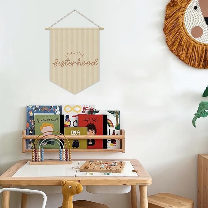 Girls Room Decor, Long Live Sisterhood Girl Nursery Linen Canvas Banner, Neutral Striped Wall Hanging Pennant Flag Banner for Girl Nursery Kids Room Bedroom Dorm Playroom Decor, 15x11in