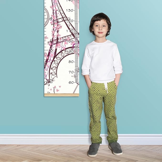 Personalized Kids Name Growth Chart Ruler for Wall Wood Frame Height Measure Chart 13.4x56 in Linen Hanging Height Growth Chart Paris Eiffel Tower Pink Retro Kids Room Decor