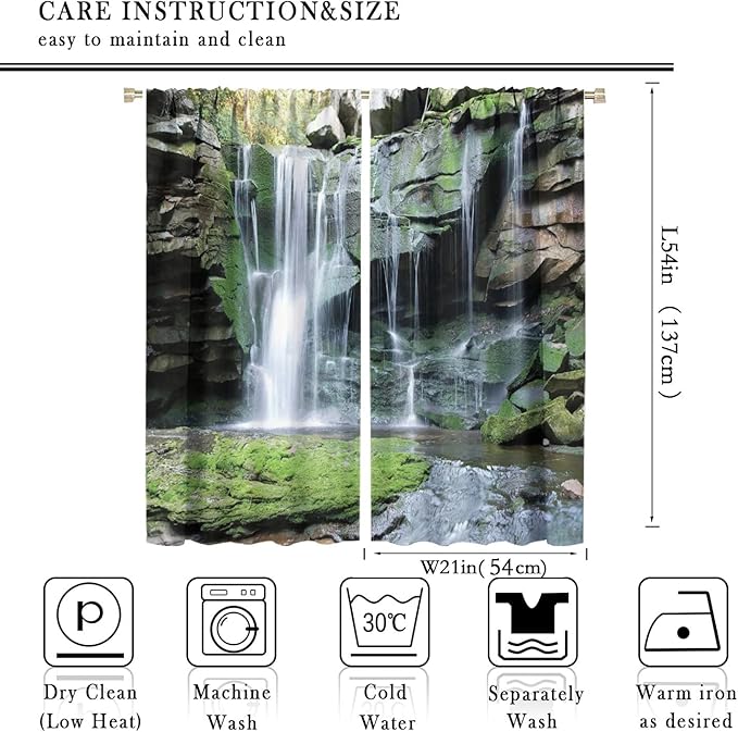 Forest Waterfall Blackout Windows Curtains, Rocky Waterfall to Pond Running Off Scenic Nature Themed Picture Print Curtains, for Living Room Bedroom 42x54in 2 Panels