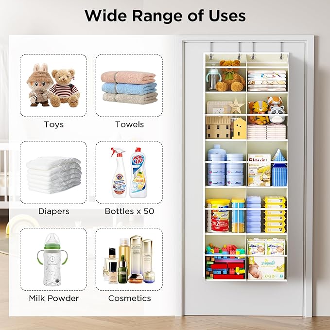 5-Tier Over The Door Organizer with 10 Side Mesh Pockets & Clear Windows, 80 lb Weight Capacity Hanging Storage for Bathroom, Bedroom, Nursery, Kitchen, Organizer Toys (Beige Clear wind 2 Pack)