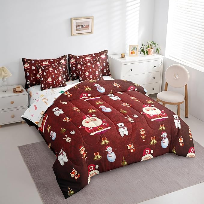 Christmas Kids Bed Set Cute Snowman Santa Claus Decorations Bed in a Bag Boys Girls Bear Rabbit Comforter Set with Sheets Christmas Bells Cartoon Design Bedding Set Bedroom Collection King Size