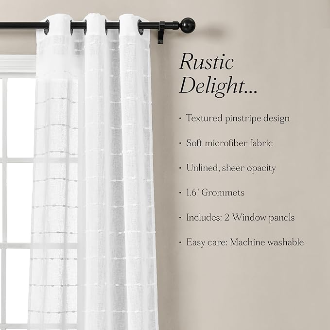 Lush Decor Farmhouse Textured Grommet Sheer Window Curtain Panel Pair, 38"W x 120"L, Bleach White