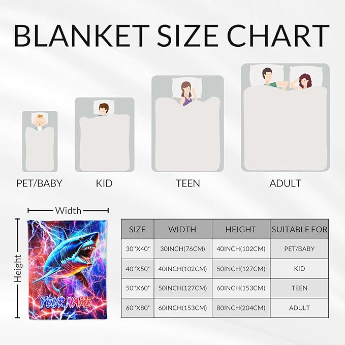 Personalized Boys Blanket Gifts Shark Blankets for Kids, Shark Lovers - Cozy Furry Plush Flannel Throws for Couch, Sofa & Travel