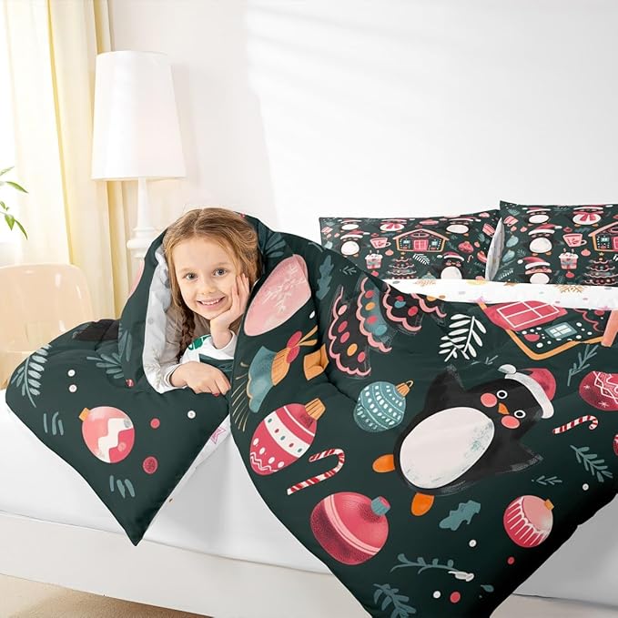 Feelyou Christmas Kids Comforter Set Full Size Xmas Tree Ball Bedding Set Penguin Duvet Quilt for Kids Boys Girls Bedroom Gingerbread Houses Decor Microfiber Ultra Soft Breathable
