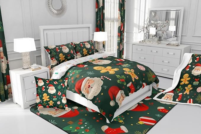 Feelyou Christmas Bedding Set Soft for Boys Girls, Santa Xmas Tree Comforter Set Twin Size Gingerbread Man Duvet Quilt Microfiber Snowflake Stockings Bedroom Decor 2 Pcs with 1 Pillow Cases