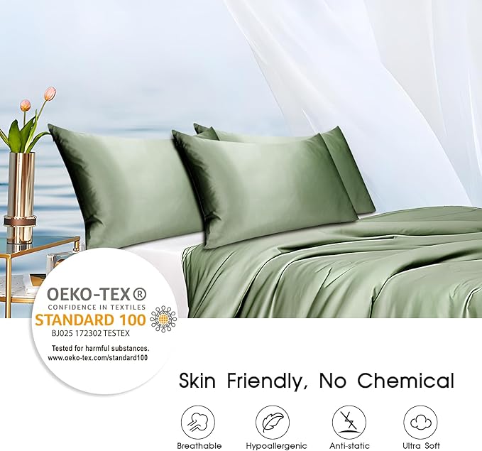 100% Mulberry Silk Pillowcase with Hidden Zipper,Both Sides Pure Silk Breathable Pillow Case for Hair and Skin,19 Momme Grade 6A,1pc,Sage Green,Queen Size 20x30 Inches
