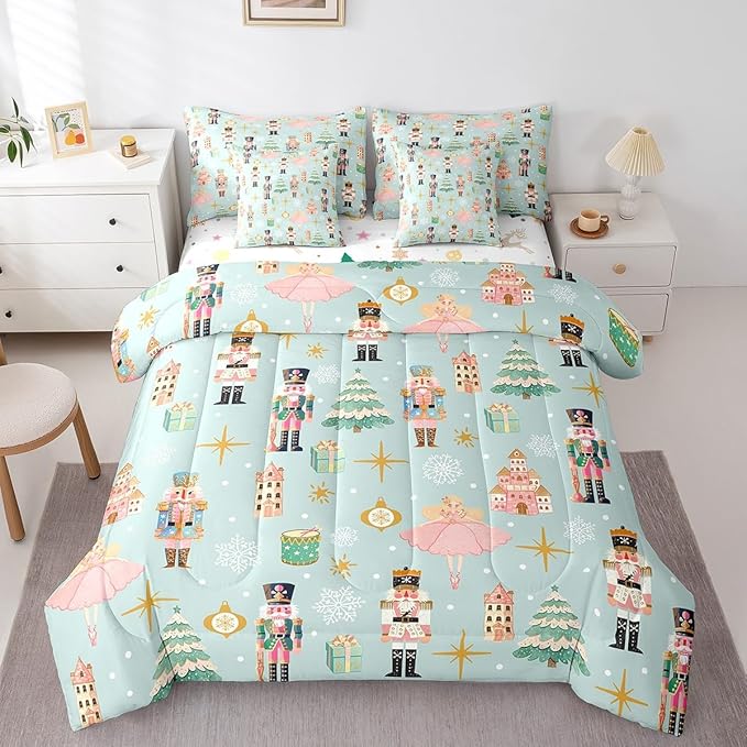 Erosebridal 7Pcs Green Christmas Comforter Set King,Xmas Tree Nutcracker Bedding Set,Pink Princess Bed in A Bag for Girls Women,Winter Xmas Holiday Christmas Ornaments Quilt with Flat Fitted Sheet