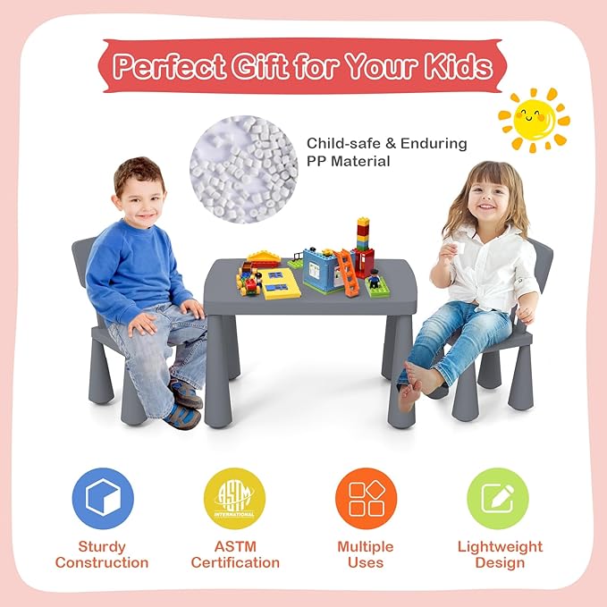 HONEY JOY Kids Table and Chair Set, Plastic Children Activity Table and 2 Chairs for Art Craft, Easy-Clean Tabletop, 3-Piece Toddler Furniture Set for Daycare Playroom, Gift for Boys Girls (Grey)