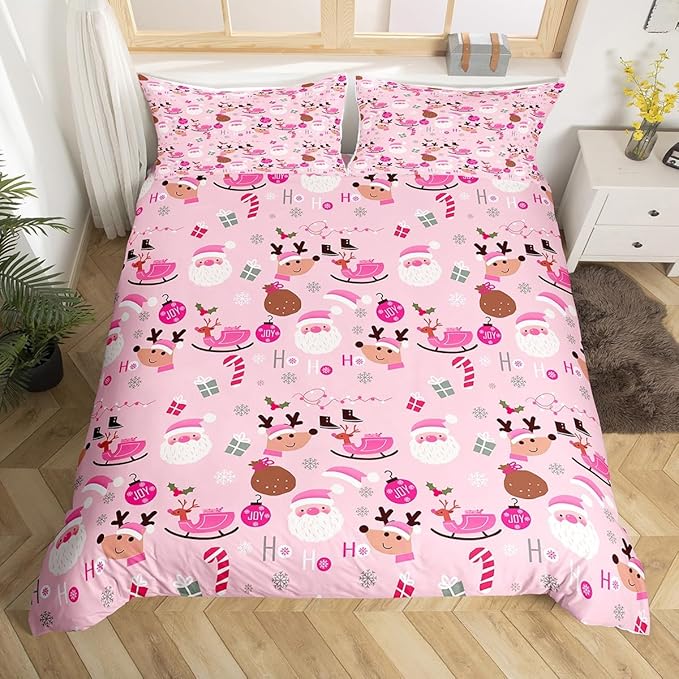 Manfei Christmas Duvet Cover Set Twin Size, Santa Claus and Reindeer Comforter Cover with 1 Pillowcase, New Year Pink Bedding Set 2pcs for Kids Girls Adult Lightweight Bedspread Cover,No Comforter