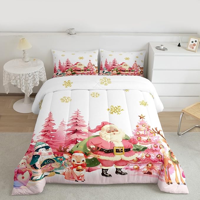 jejeloiu Merry Christmas Comforter Set Queen Size Santa Claus Bedding Set for Kids Boys Girls Cute Deer Duvet Quilt White Bedroom Decor