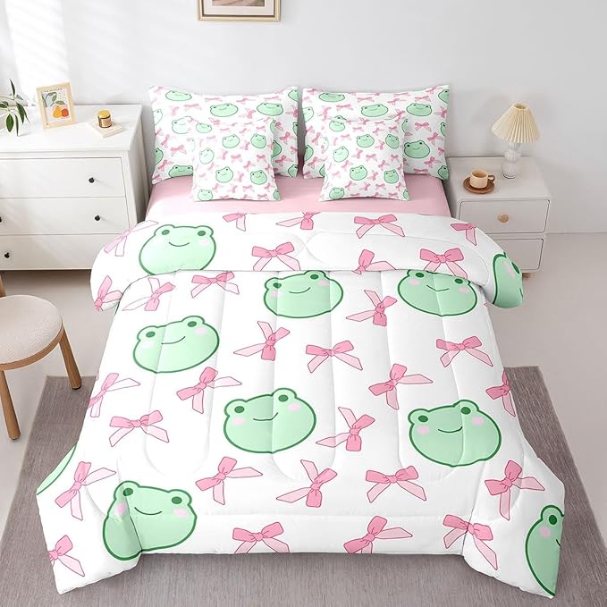 7 Pieces Pink Bowknot Comforter Set Twin,Cartoon Frog Bow Tie Butterfly Knot Princess Bedding Set,Geometric Patchwork Cute Sweet（Comforter+Fitted+Flat Sheet+2 Pillowcases+2 Throw Pillow Covers）