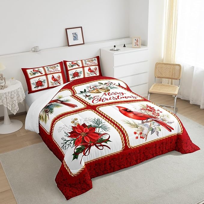 Christmas Comforter Set Toddler Size,Xmas Cardinals Floral Bells Checkered Bedding Set for Kids Girls Adult,Cute Bird Rustic Grid Watercolor Red Plaid Geometric Quilted Set with 1 Pillowcase